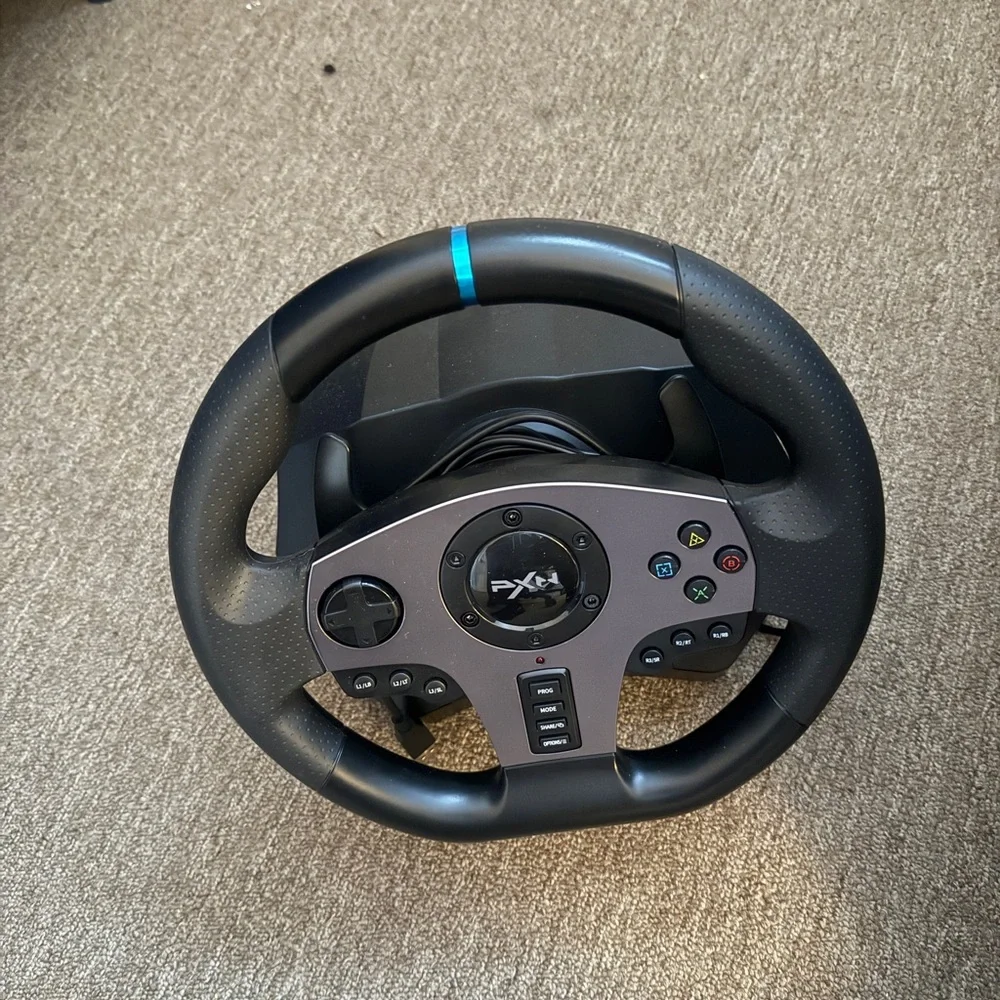 Black and Blue Gaming Wheel with Pedals
